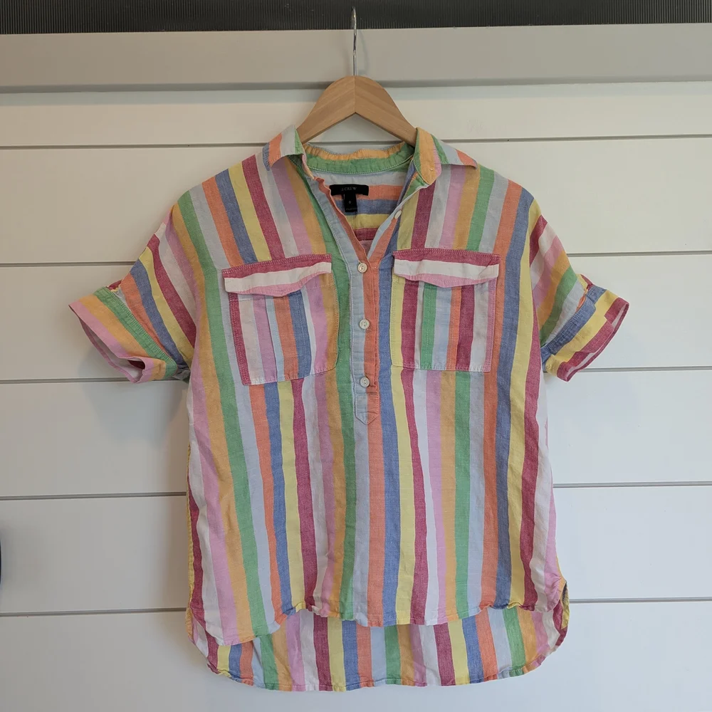 J.Crew Linen Blend Button Top Blouse Multicolored Stripe Size 0 XS Rainbow - Picture 3 of 10